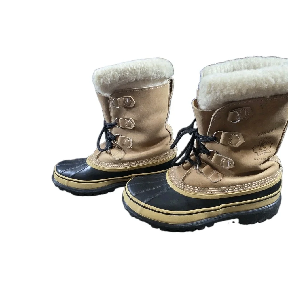Vtg Sorel Caribou Snow Duck Boots Men's 9 Tan Leather Wool Lined Kaufman Canada
